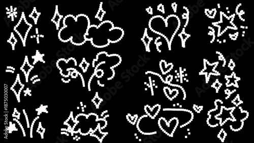 Set of white hand drawn doodle elements on black background. Collection of hearts, stars, clouds, and sparkles. Chalk sketch style for decoration.