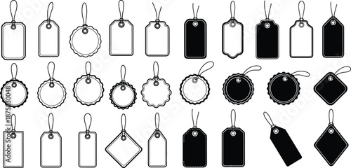 Set of assorted price tag outline vectors with black and white variations, labels for sales