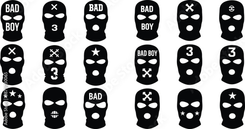 Set of black balaclava vectors with diverse decorative elements and design for digital projects
