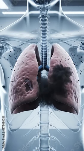 Realistic Transparent Human Anatomy Animation of Breathing Lungs on Blue Background Visualization for Medical Research