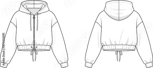 Women cropped hoodie technical fashion flat sketch, front and back view apparel design template streetwear sweatshirt illustration, vector outline drawing clothing pattern mockup garment