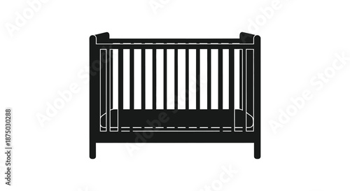 A simple modern baby crib design presented in a stark black and white silhouette