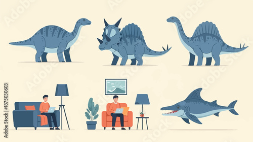 A flat design illustration set featuring dinosaurs, a prehistoric sea creature, and people working remotely