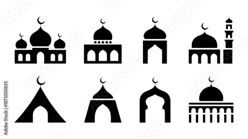 Eight black and white mosque and minaret with crescent moons