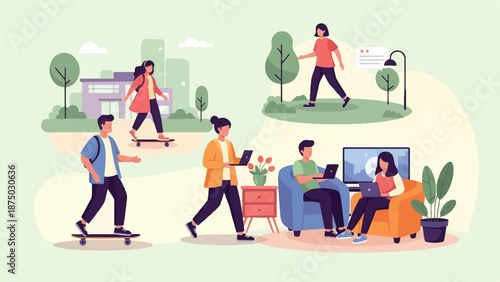 A flat illustration depicting young people's daily activities, both outdoors and indoors with technology
