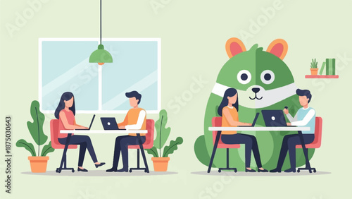 A flat illustration comparing a normal office with one featuring a giant, green hamster character