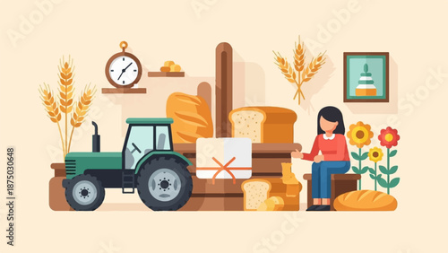 A flat illustration depicting agriculture, with a tractor, bread, wheat, and a seated woman