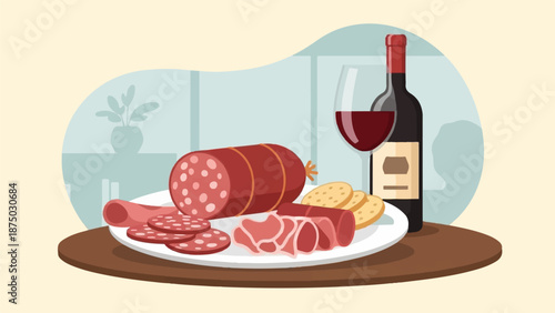 A flat illustration of a charcuterie board with assorted meats, crackers, and a glass of red wine