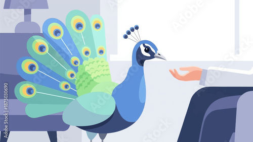 A flat illustration of a colorful peacock interacting with a person's outstretched hand indoors