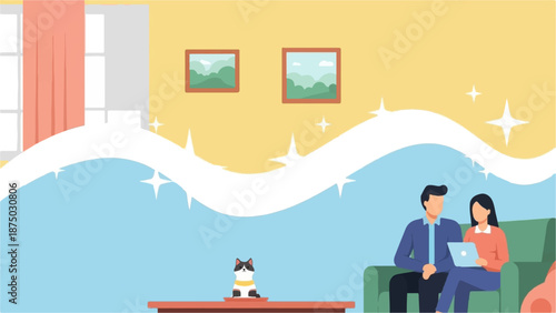 A flat illustration of a couple on a sofa with a laptop and a cat in a fresh, clean living room