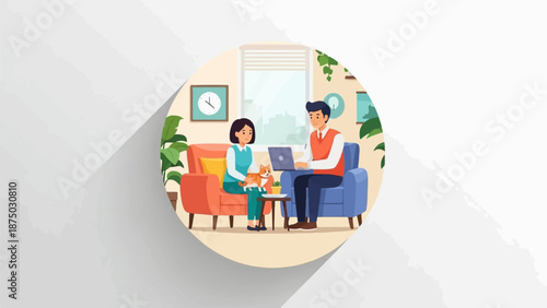 A flat illustration of a couple relaxing in their cozy living room with their cat while one uses a laptop