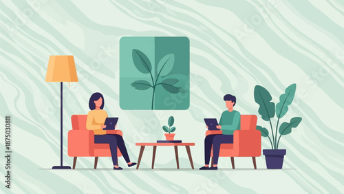 A flat illustration of a couple working on laptops, sitting apart in a modern, plant-filled room