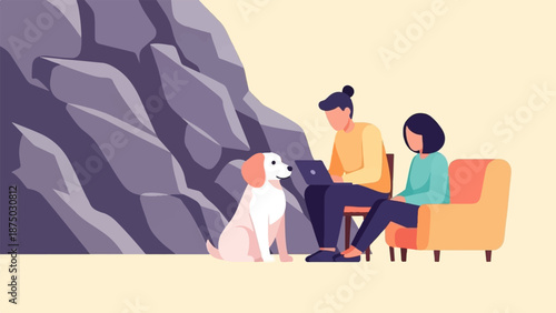 A flat illustration of a couple with their dog, working on a laptop next to a large rock formation