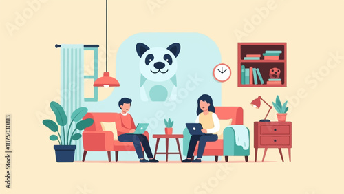 A flat illustration of a couple working remotely on laptops in a cozy living room with a cute avatar