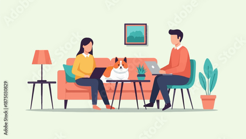 A flat illustration of a couple working on laptops from home, with their pet dog in a modern room