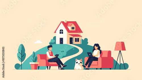 A flat illustration of a couple working remotely on laptops with a cat and a house in the background
