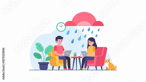 A flat illustration of a couple working remotely on laptops indoors with a cat on a rainy day