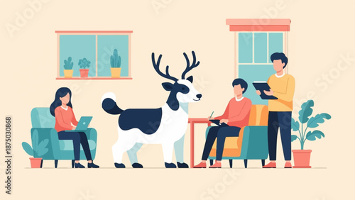 A flat illustration of a creative team working together in a cozy room with a large spotted deer