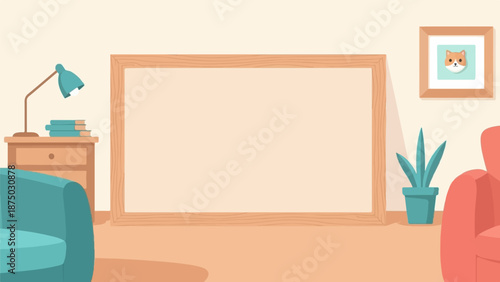 A flat illustration of a cozy living room with a large blank frame, armchairs, and a cat picture