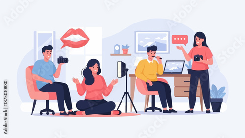 A flat illustration of a creative team working together in a studio on a video or photo project