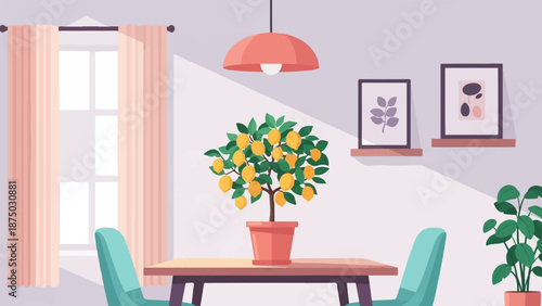 A flat illustration of a cozy dining room with a lemon tree centerpiece and sunlight from a window