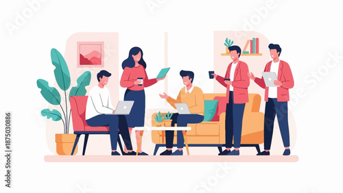 A flat illustration of a diverse team collaborating and brainstorming in a modern office lounge