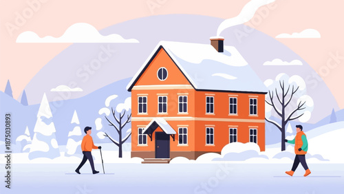 A flat illustration of a cozy orange house in a snowy landscape with two men walking outside
