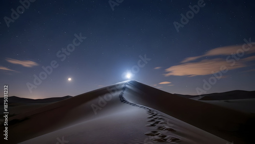 Moonlit desert sand dune with footprints at night