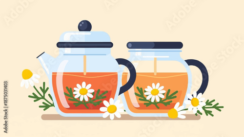 A flat illustration of a glass teapot and mug filled with herbal chamomile tea and fresh flowers