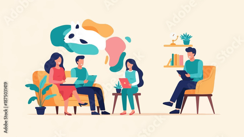 A flat illustration of a group therapy session with a counselor in a comfortable, modern office
