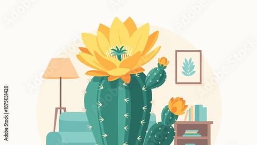 A flat illustration of a large blooming cactus in a cozy, pastel-colored living room setting