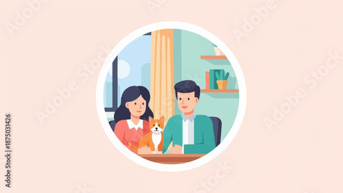 A flat illustration of a happy couple sitting at a table with their pet corgi dog in a cozy room