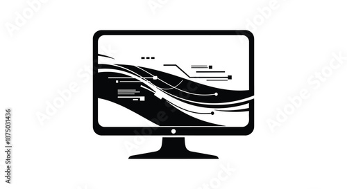 A modern computer display showcasing abstract digital lines and curves in a dark silhouette