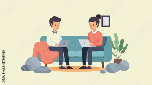 A flat illustration of a man and a woman working together on laptops while sitting on a teal couch