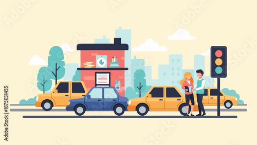 A flat illustration of a man and woman shaking hands on a street with city traffic and buildings