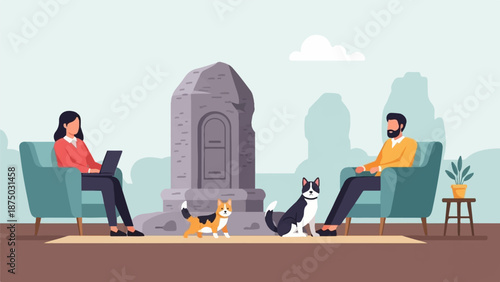 A flat illustration of a man and woman in chairs with cats, separated by a stone structure