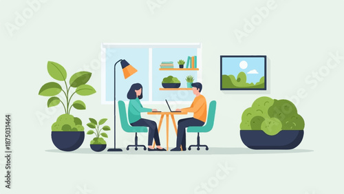A flat illustration of a man and woman working on laptops at a table in a bright, modern room