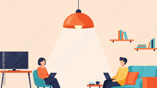 A flat illustration of a man and woman working on laptops in a cozy, modern living room at night
