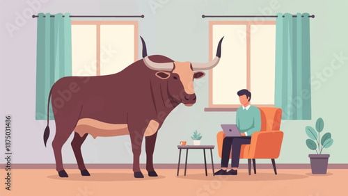 A flat illustration of a man working on a laptop in a living room with a large bull standing nearby