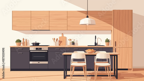 A flat illustration of a modern kitchen with wooden cabinets, dark counters, and a dining island