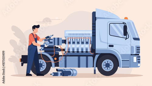 A flat illustration of a mechanic in overalls repairing the exposed engine of a large blue truck