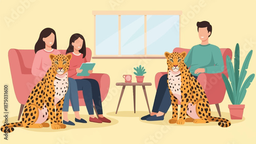 A flat illustration of a surreal therapy session with two women, a man, and two leopards in a room