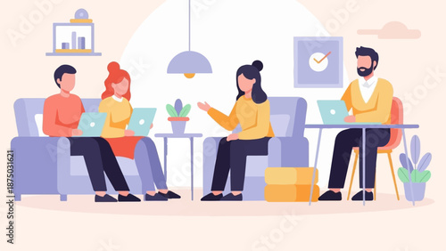 A flat illustration of a team working collaboratively in a modern, casual office environment