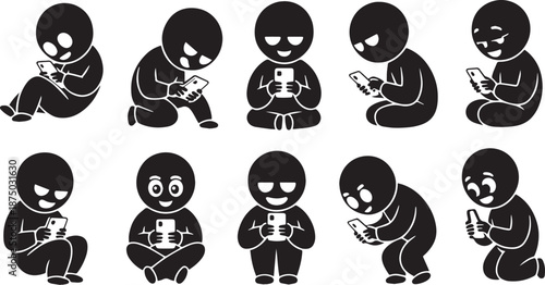 Playful Human Silhouette Phone Typing Pose Bundle, Flat Vector People Icons for Mobile Chat, Social Media Use, Digital Habit and Communication Illustration