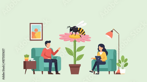 A flat illustration of a therapy session with a giant bee on a flower between a man and a woman