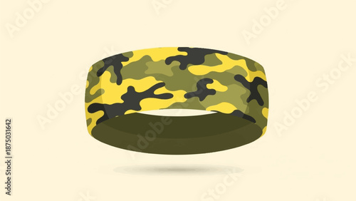 A flat illustration of a wide, camouflage-patterned headband floating over a cream-colored background