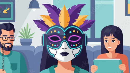 A flat illustration of a woman in a feathered carnival mask between a man and another woman at home