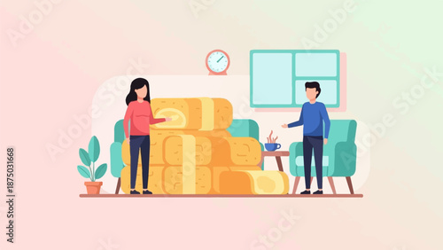 A flat illustration of a woman showing a large stack of bread to a man in a cozy living room
