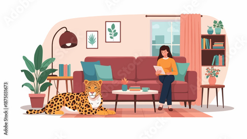A flat illustration of a woman relaxing on a couch with a tablet, a leopard resting on the floor