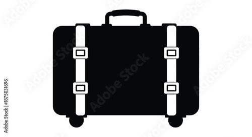 A black and white image depicting a vintage suitcase with wheels a striking silhouette